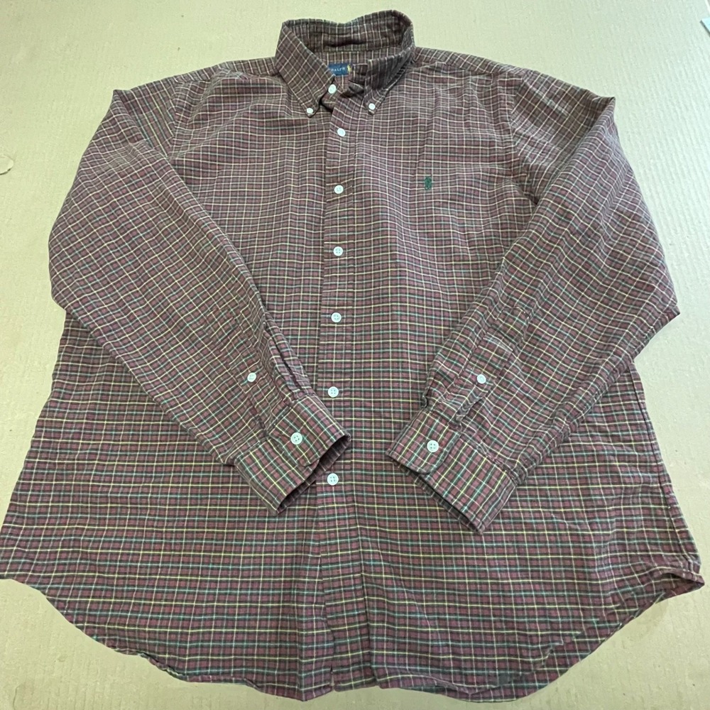 Polo Ralph XL Lauren‎ Burgundy Green Plaid Button Down Classic Fit Dress Shirt